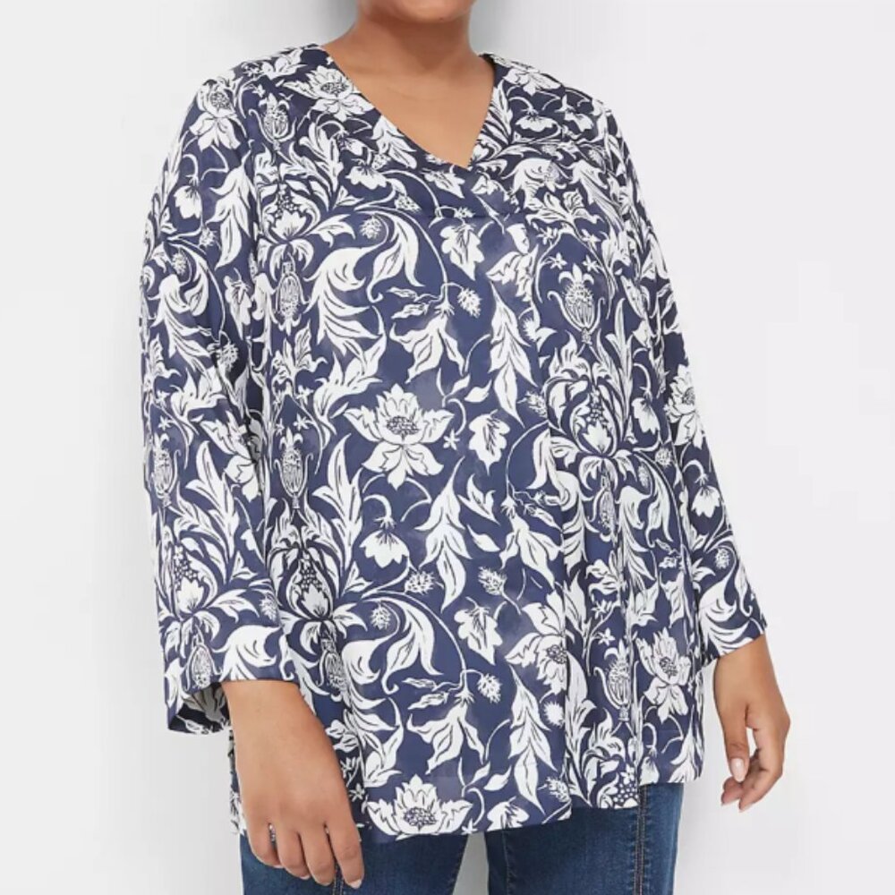 Lane Bryant Cream and Blue Notched Collar Tunic